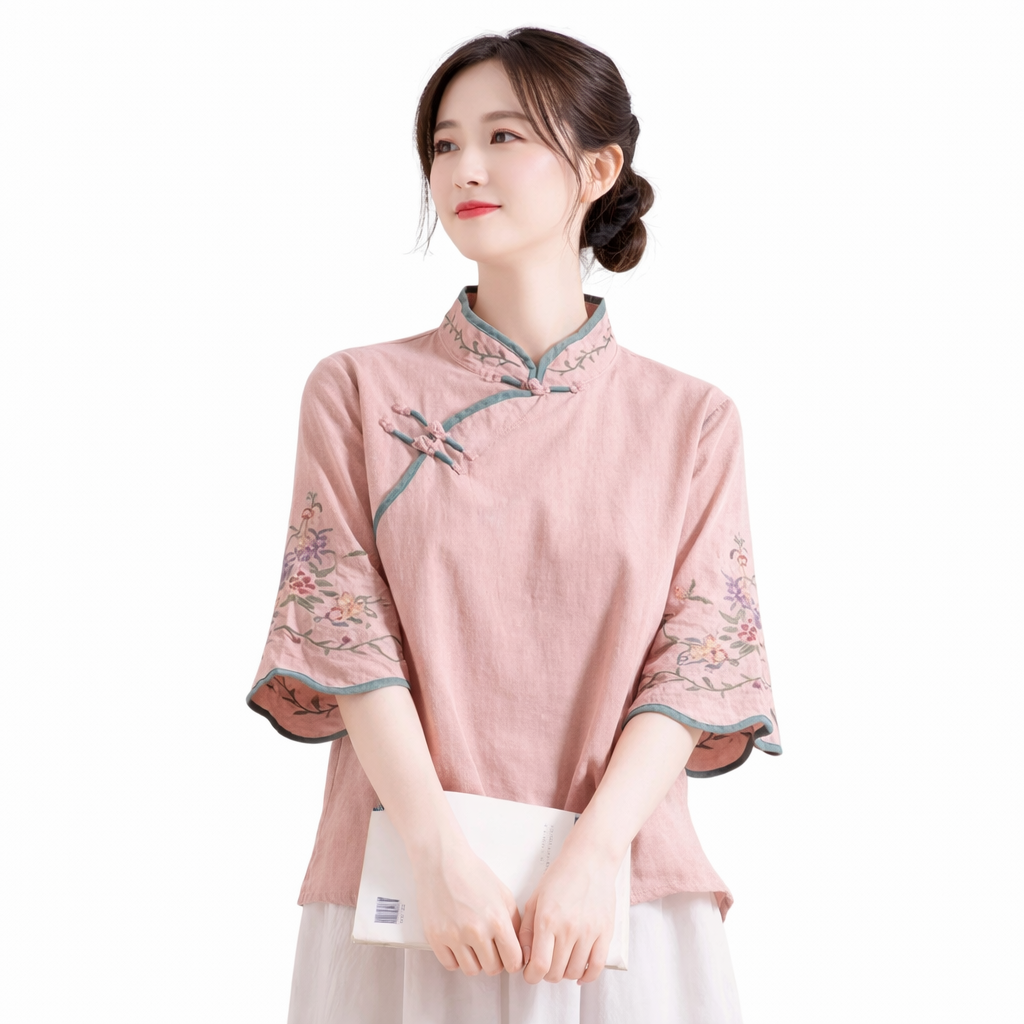Vintage Chinese Embroidered Linen Blouse – Elegant Republic Style Top