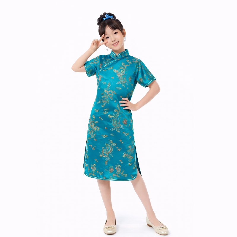 Girls Traditional Dragon & Phoenix Brocade Cheongsam Dress – Elegant Chinese Qipao for Kids