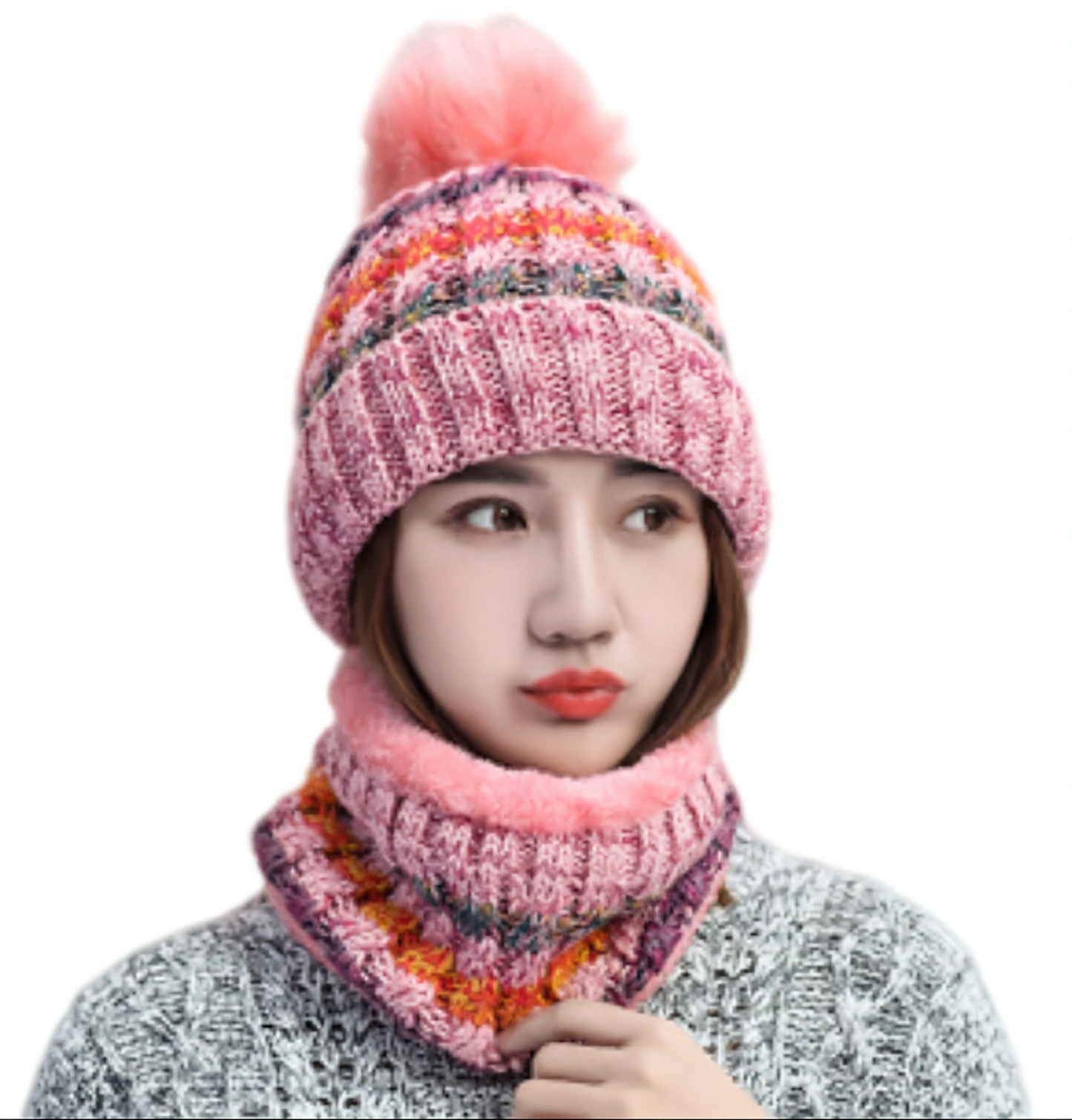 2PCS Women Winter  knitted hats +scarf set  warm Fleece Lining Ski pompom Caps