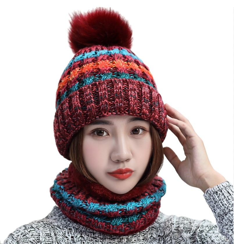 2PCS Women Winter  knitted hats +scarf set  warm Fleece Lining Ski pompom Caps