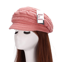 Load image into Gallery viewer, Women's winter solid visor chunky cable knit caps  warm ear protection fleece lined hat
