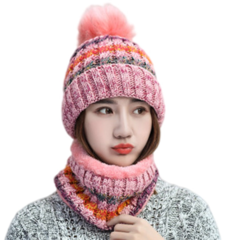 2PCS Women Winter  knitted hats +scarf set  warm Fleece Lining Ski pompom Caps