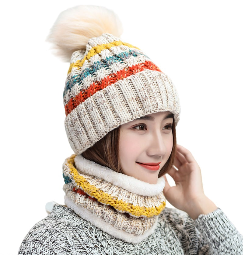 2PCS Women Winter  knitted hats +scarf set  warm Fleece Lining Ski pompom Caps