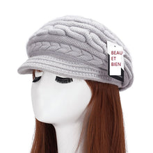 Load image into Gallery viewer, Women's winter solid visor chunky cable knit caps  warm ear protection fleece lined hat
