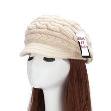 Load image into Gallery viewer, Women's winter solid visor chunky cable knit caps  warm ear protection fleece lined hat
