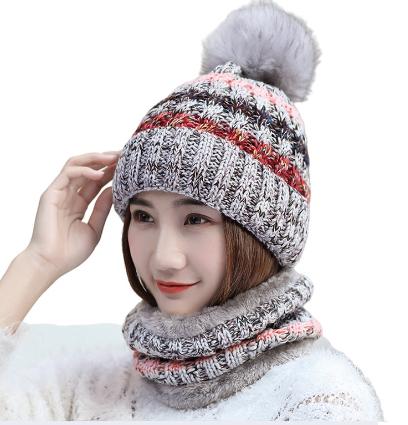 2PCS Women Winter  knitted hats +scarf set  warm Fleece Lining Ski pompom Caps