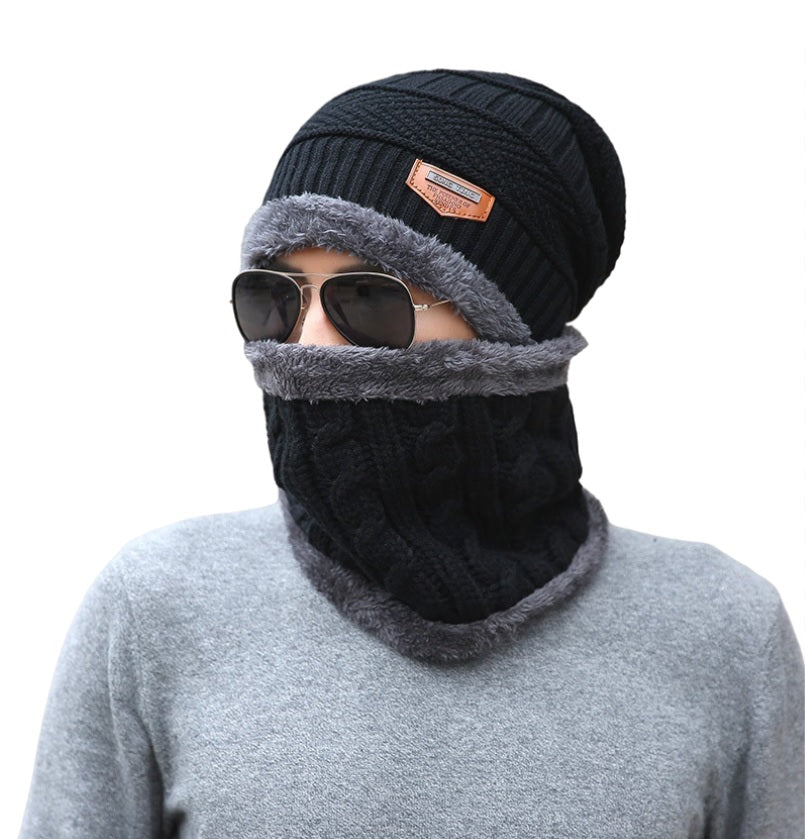 Unisex 2PCS  Winter solid Beanie Hat + Scarf Set Warm Fleece Lined  Knit Ski Cap