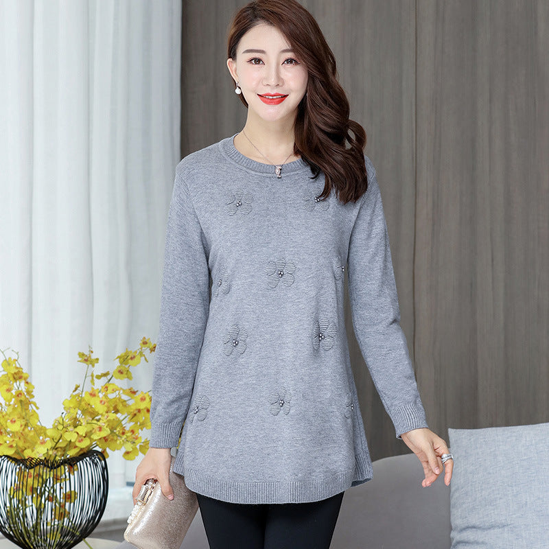 Women's Casual Crew Neck Side Split Pullover Sweater Loose Long Sleeve Jumper Tops with flower & beads