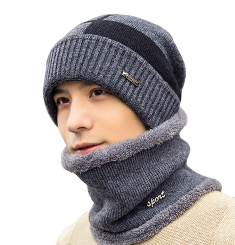 Unisex 2PCS  Winter solid Beanie Hat + Scarf Set Warm Fleece Lined  Knit Ski Cap