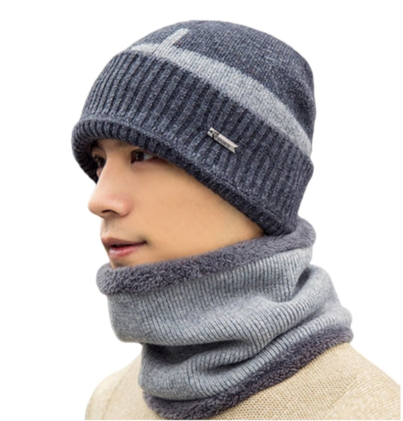 Unisex 2PCS  Winter solid Beanie Hat + Scarf Set Warm Fleece Lined  Knit Ski Cap