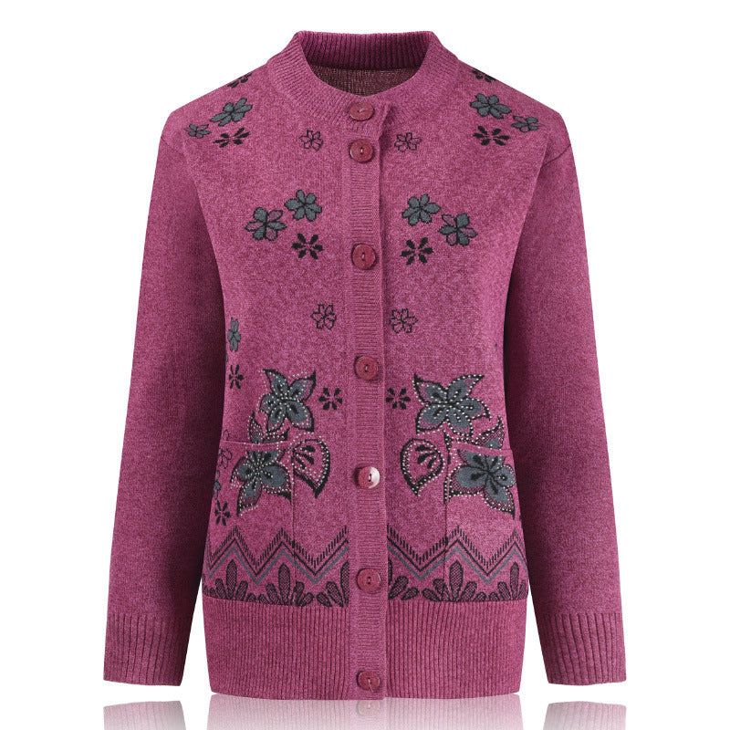 Women's crewneck long sleeve open front button down Cardigan, knitted Sweater jacket coat with pockets