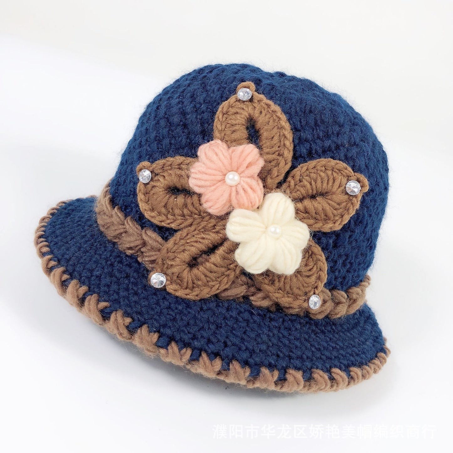 Women Warm Crocheted  Bucket caps with embroidery fleece lining cloche hats