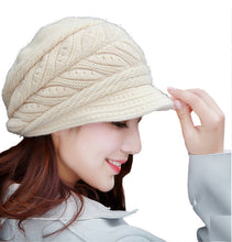 Load image into Gallery viewer, Women's solid visor  chunky knit Warm fleece lined Hats rabbit fur Snow Ski Caps

