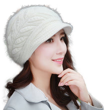 Load image into Gallery viewer, Women's solid visor  chunky knit Warm fleece lined Hats rabbit fur Snow Ski Caps
