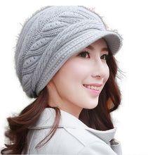Load image into Gallery viewer, Women's solid visor  chunky knit Warm fleece lined Hats rabbit fur Snow Ski Caps
