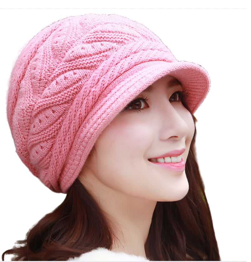 Women's solid visor  chunky knit Warm fleece lined Hats rabbit fur Snow Ski Caps