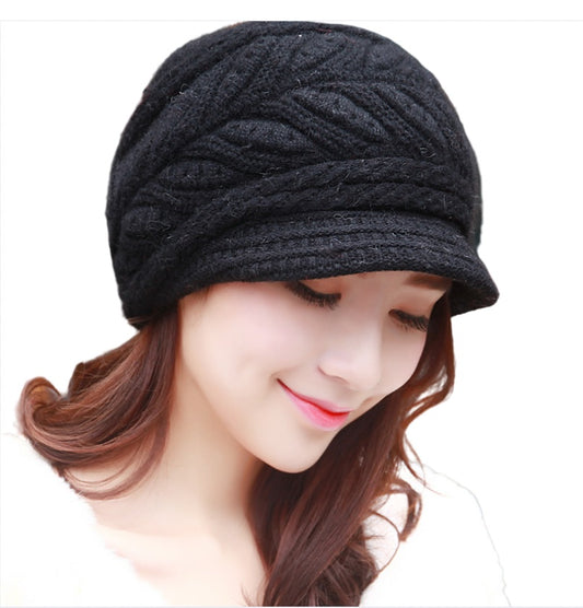 Women's solid visor  chunky knit Warm fleece lined Hats rabbit fur Snow Ski Caps