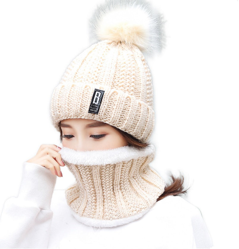 Women's  2PCS  solid knitted Beanie Hat+ scarf set Warm Fleece Lined Soft Ski  pompom Cap