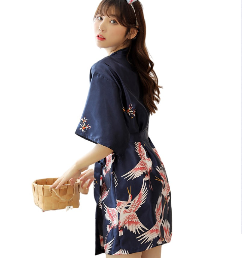 Women‘s V-neck  short Kimono Satin Dressing Gown Crane and Blossoms Sleep Lounge Nightwear  Bride Bridesmaid Robe