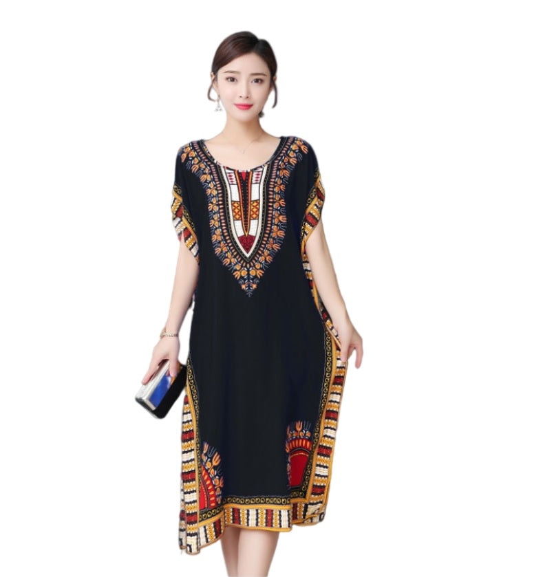 Women's  Viscose Tunic Plus Size crewneck batwing sleeve loose fit Dress  Bohemia Printed Kimono Nightgown