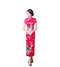 Load image into Gallery viewer, Women summer stand collar short sleeve classic peacock pattern long cheongsam chinses dress
