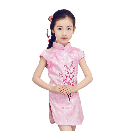 Kids stand collar elegant embroidery short sleeve Cheongsam in Jacquard fabric