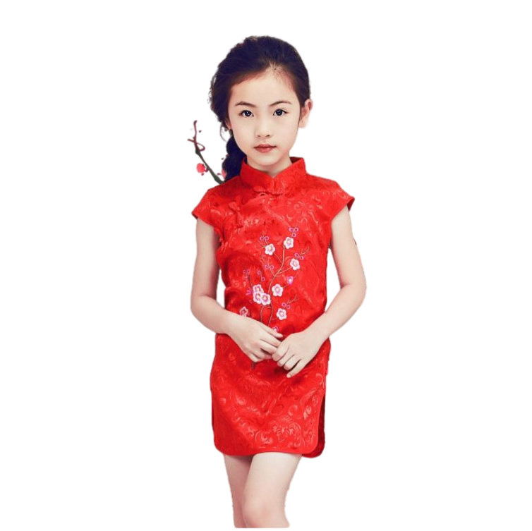 Kids stand collar elegant embroidery short sleeve Cheongsam in Jacquard fabric