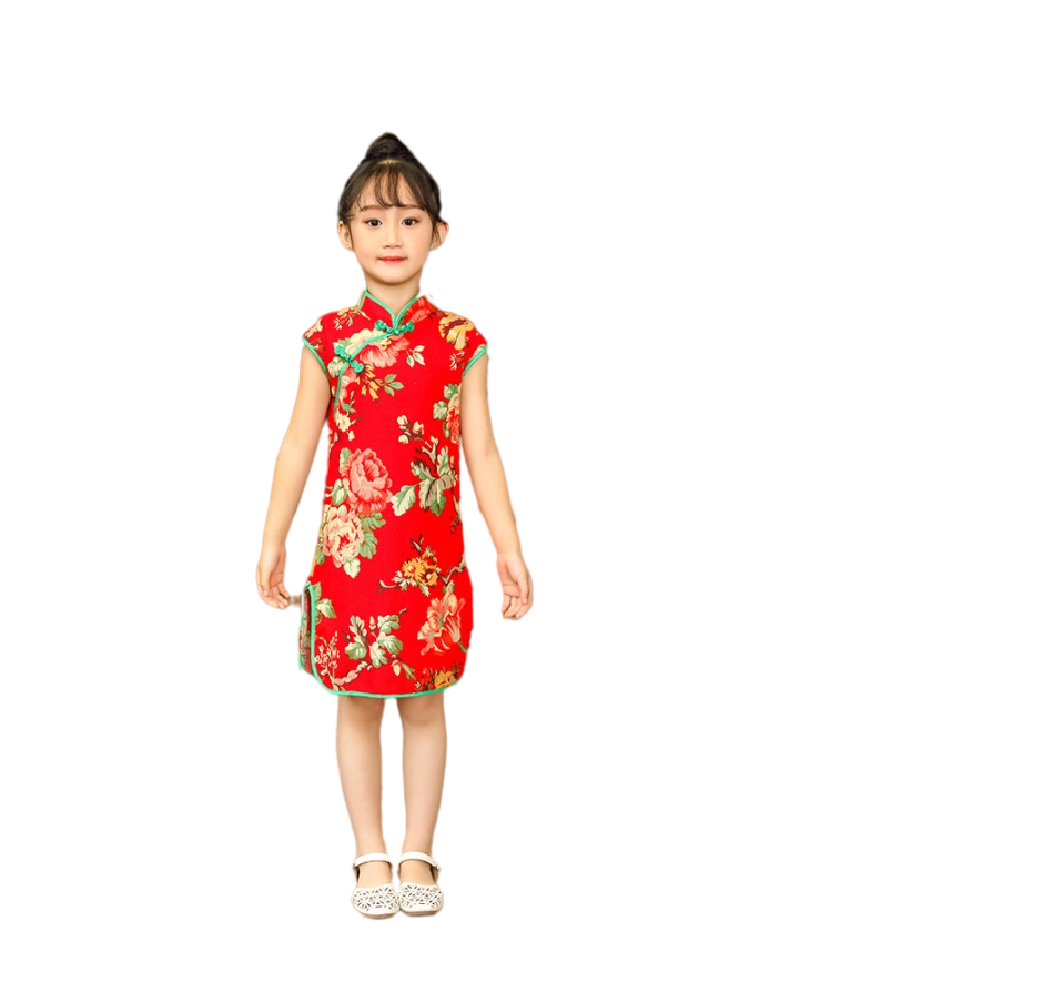 kids stand collar no sleeves Cheongsam in cotton