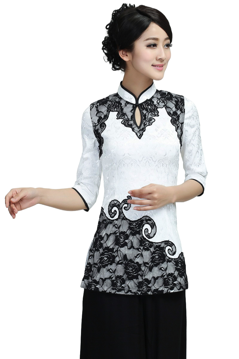 Women's stand collar three quarter sleeves back zip white and black blouses with lace
