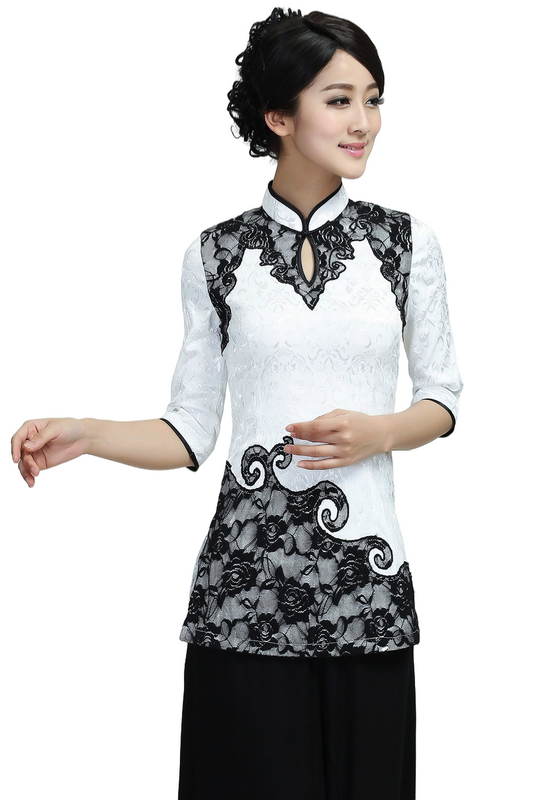 Women's stand collar three quarter sleeves back zip white and black blouses with lace