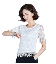 Load image into Gallery viewer, Women's scoop neck short sleeve solid colors lace sexy tops summer blouses with Fringe
