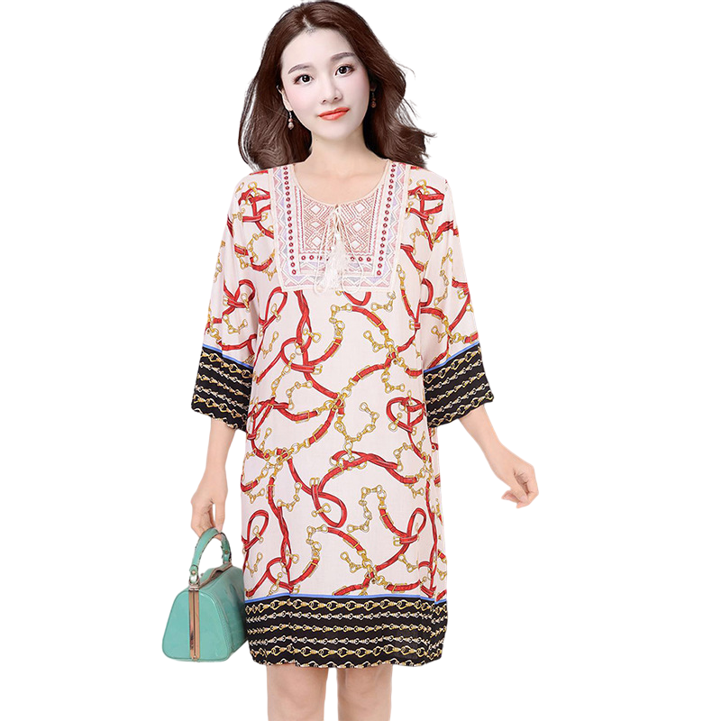 New ethnic style, plus size dress, mid-sleeve mid-length dress, Cotton and linen dress