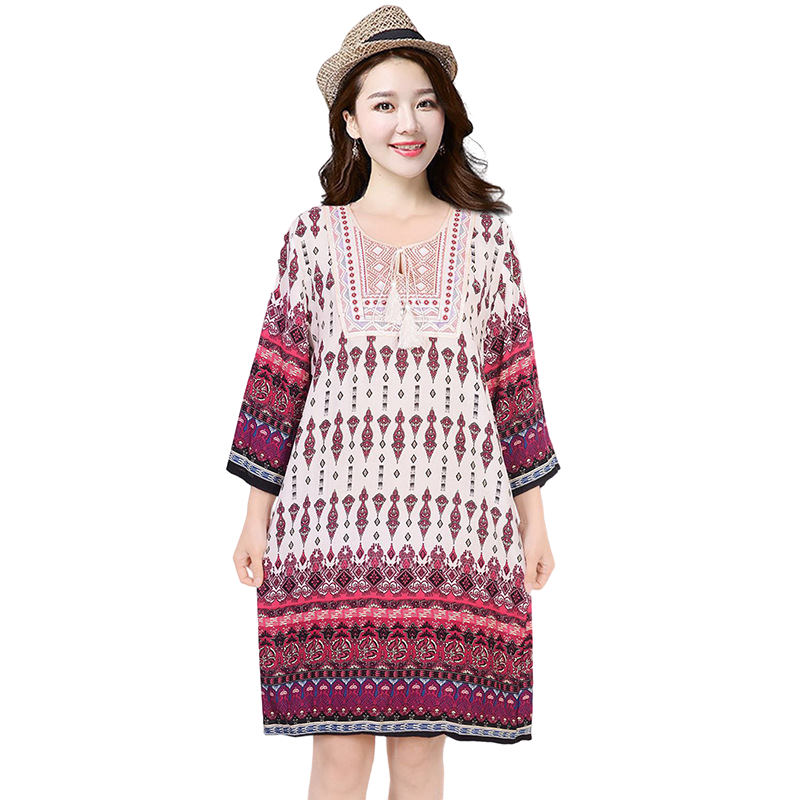 New ethnic style, plus size dress, mid-sleeve mid-length dress, Cotton and linen dress