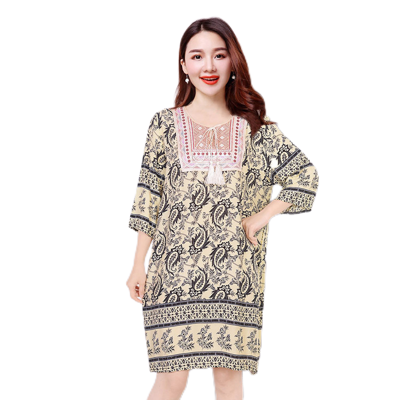 New ethnic style, plus size dress, mid-sleeve mid-length dress, Cotton and linen dress