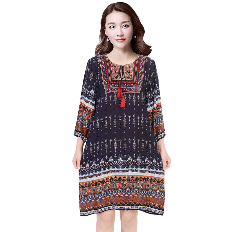 New ethnic style, plus size dress, mid-sleeve mid-length dress, Cotton and linen dress