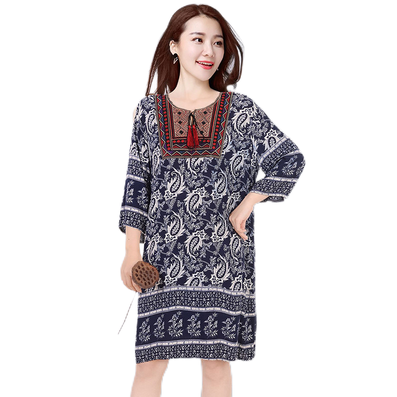 New ethnic style, plus size dress, mid-sleeve mid-length dress, Cotton and linen dress