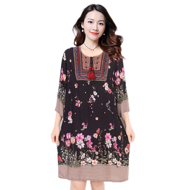 New ethnic style, plus size dress, mid-sleeve mid-length dress, Cotton and linen dress