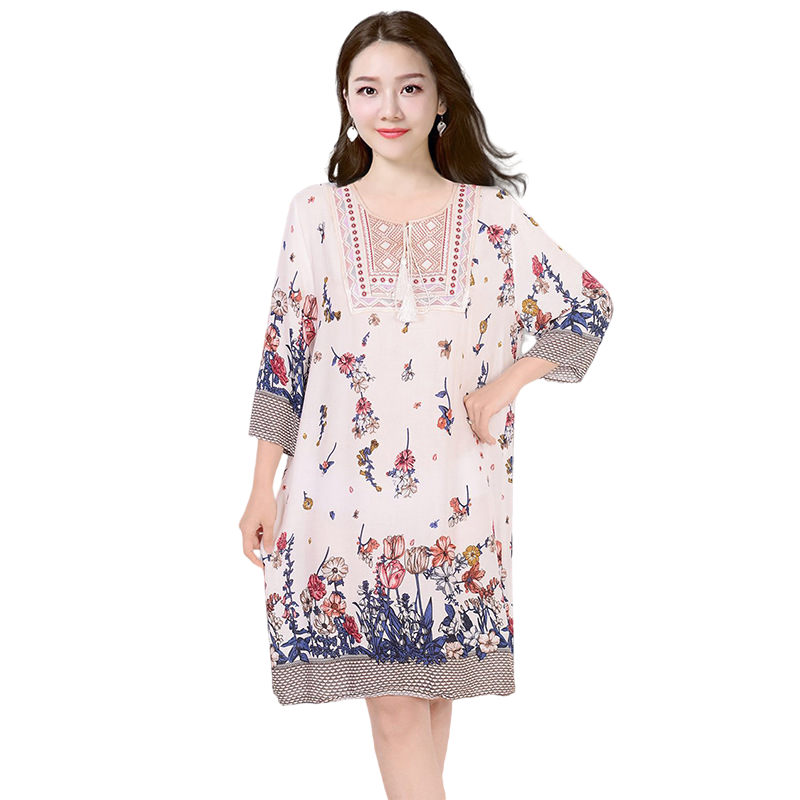 New ethnic style, plus size dress, mid-sleeve mid-length dress, Cotton and linen dress