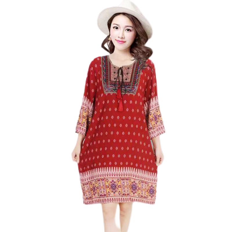 New ethnic style, plus size dress, mid-sleeve mid-length dress, Cotton and linen dress