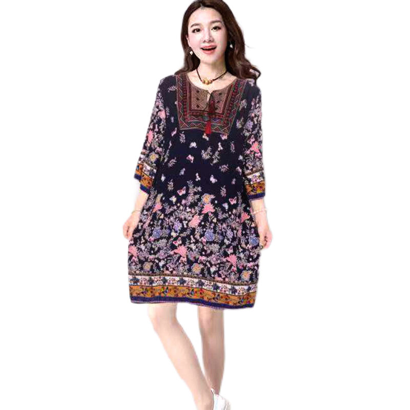New ethnic style, plus size dress, mid-sleeve mid-length dress, Cotton and linen dress