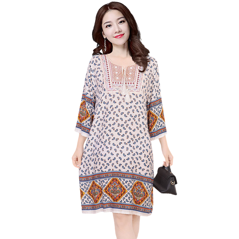 New ethnic style, plus size dress, mid-sleeve mid-length dress, Cotton and linen dress