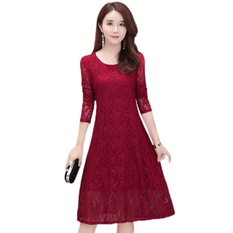 Women's  elegant  Crewneck long sleeve lace dress,