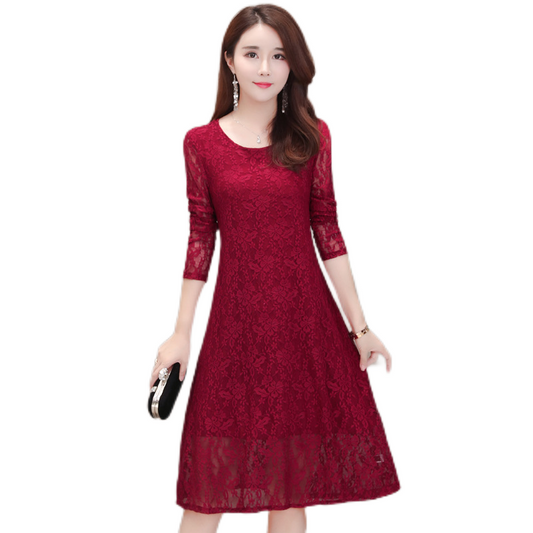 Women's  elegant  Crewneck long sleeve lace dress,