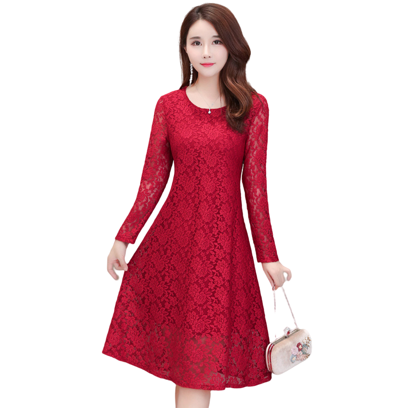 Women's  elegant  Crewneck long sleeve lace dress,