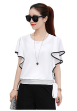 Load image into Gallery viewer, Women's crewneck Batwing Ruffle Pleats Sleeve white Chiffon Blouses Casual tops .
