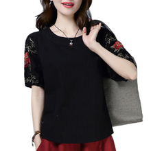 Load image into Gallery viewer, Summer cotton Crewneck elbow sleeve with embroidery  Rounded hem tops Causal Blouses
