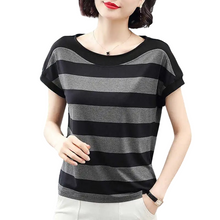Load image into Gallery viewer, Women's Summer wide stripe crewneck short sleeve T-shirt causal blouses
