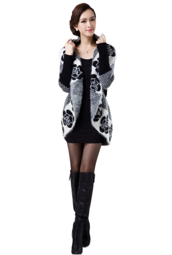 Women's long batwing sleeve V-neck  floral open front cardigan knitted stylish loose fit sweater
