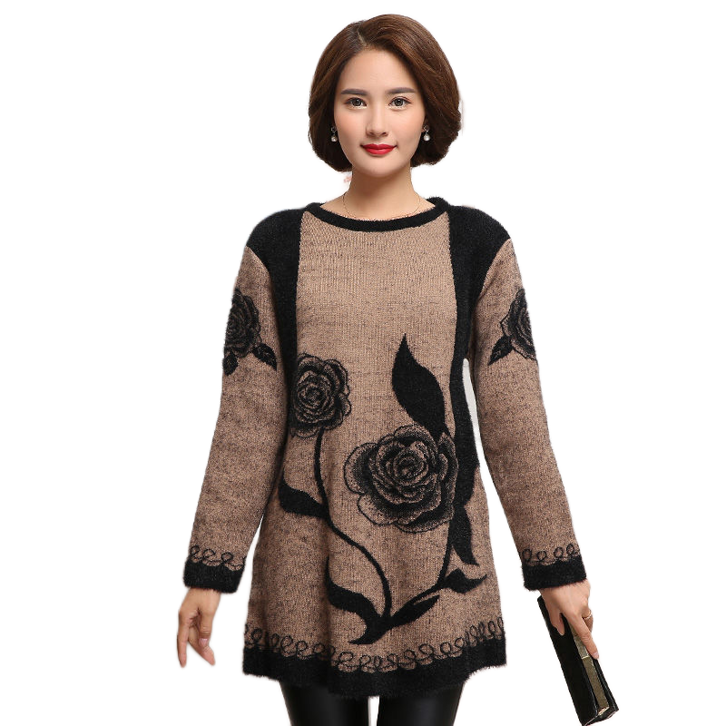 Women's Thickening crewneck fashion floral flared  knitted dress long Sweater