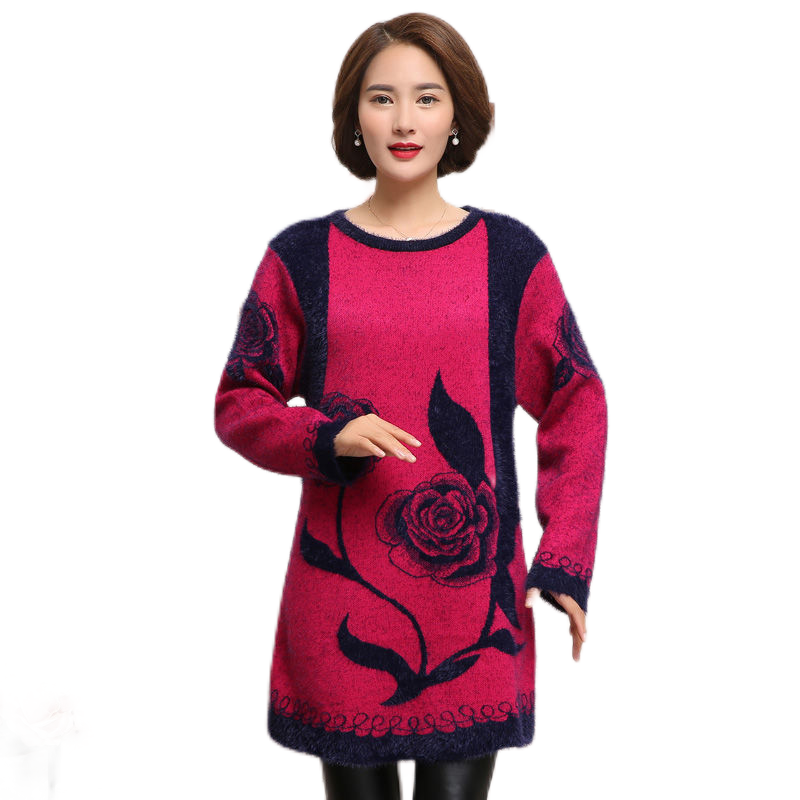 Women's Thickening crewneck fashion floral flared  knitted dress long Sweater